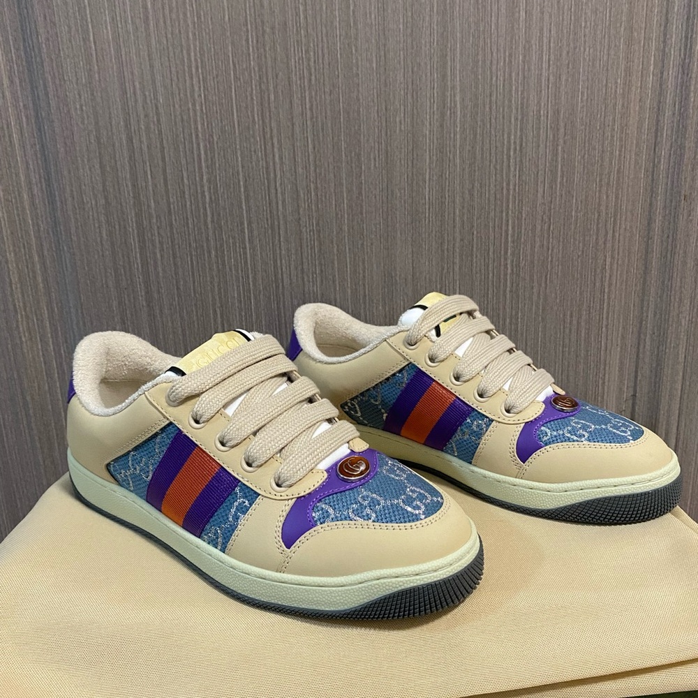 Gucci Cream Sneakers with Purple & Orange Stripe Accents